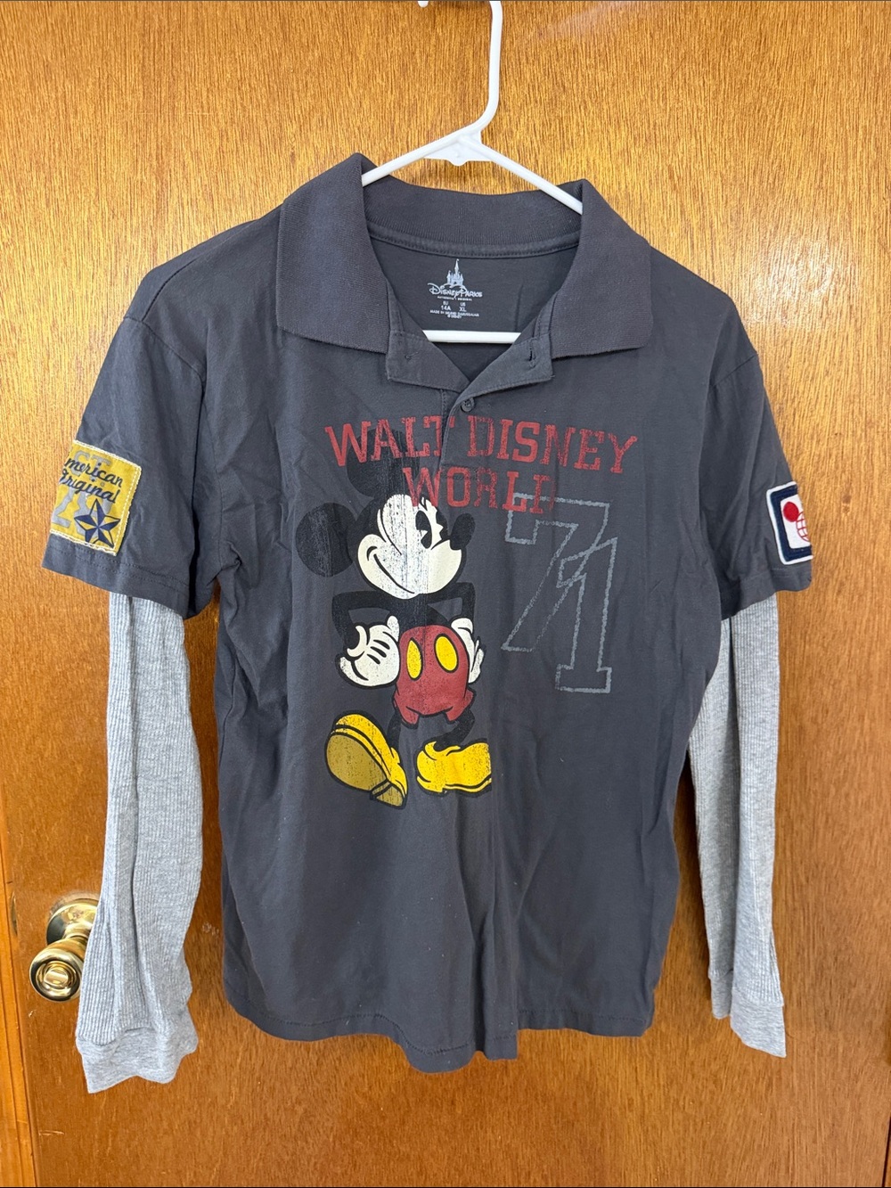 Disney Black Mickey Mouse Layered-Look Polo with Gray Sleeves
